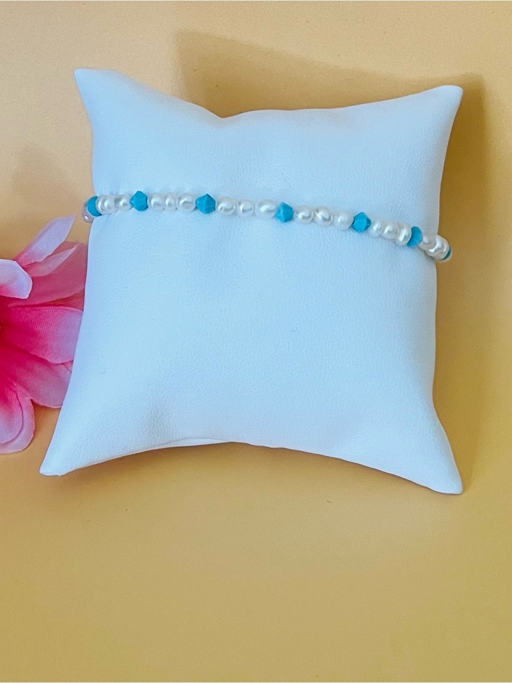 Rice pearl bracelet with turquoise beads plus a silver plated toggle